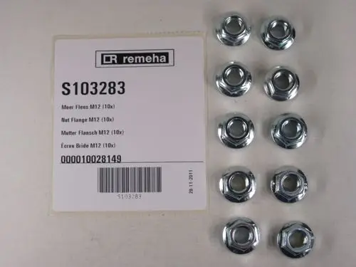 Remeha-Markenflanschmuttern in einer Anordnung, zehn Stück auf einem weißen Hintergrund, mit Produktetikett und Barcode.